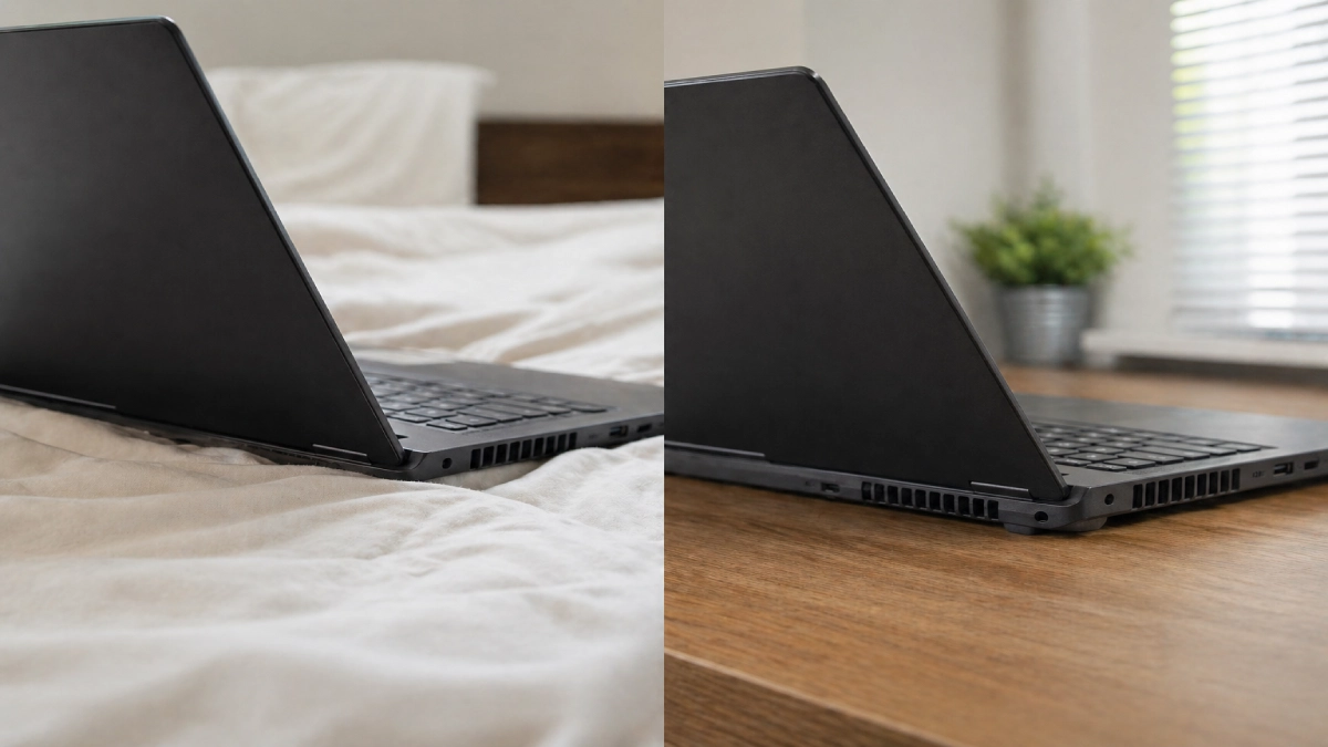 Laptop pe pat cu ventilație blocată vs. laptop pe birou de lemn cu ventilație liberă