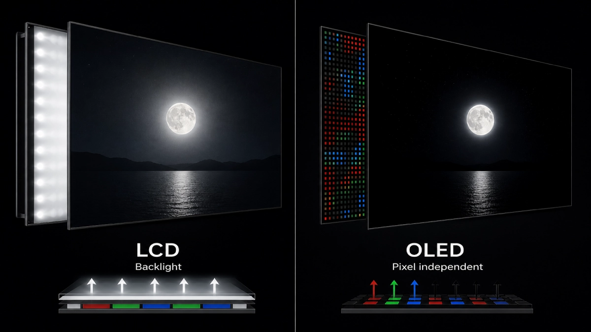 Comparație vizuală între tehnologia LCD cu backlight și tehnologia OLED cu pixeli independenți