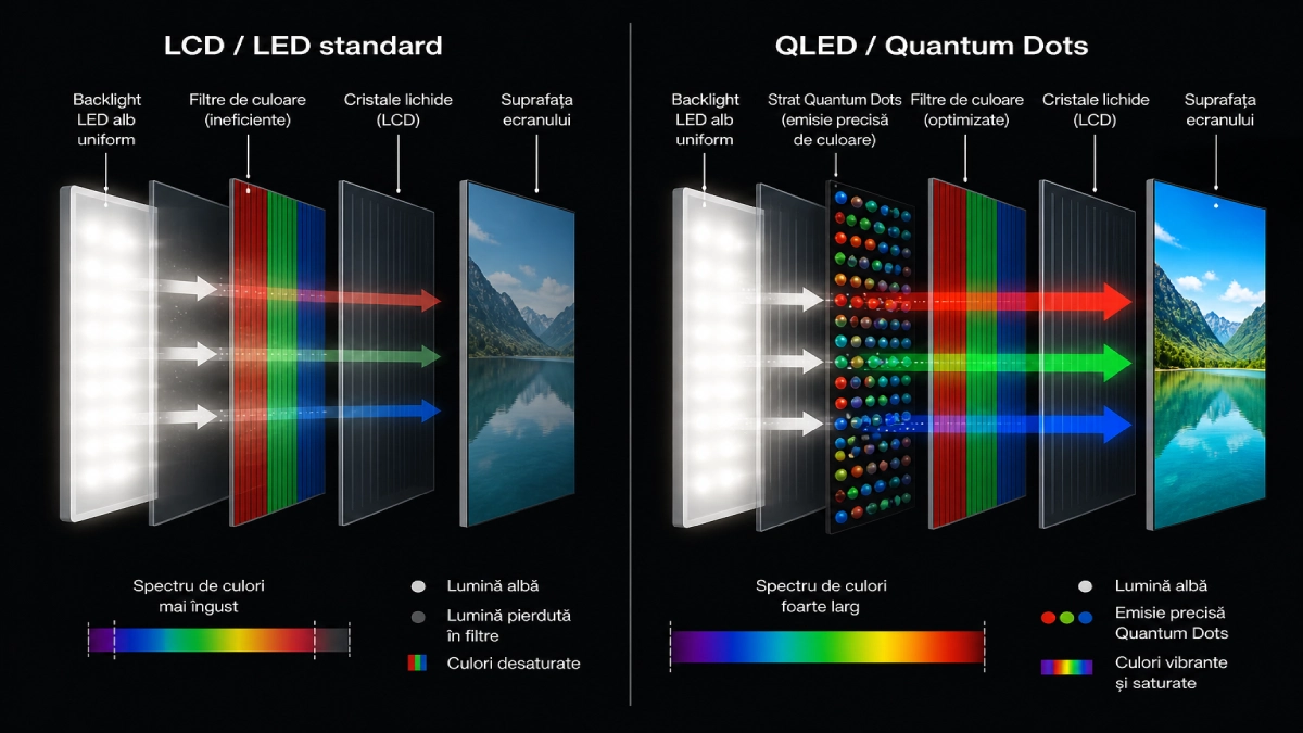 Diagramă tehnică comparativă între LCD standard și QLED cu Quantum Dots, prezentând stratificarea panoului și fluxul luminii