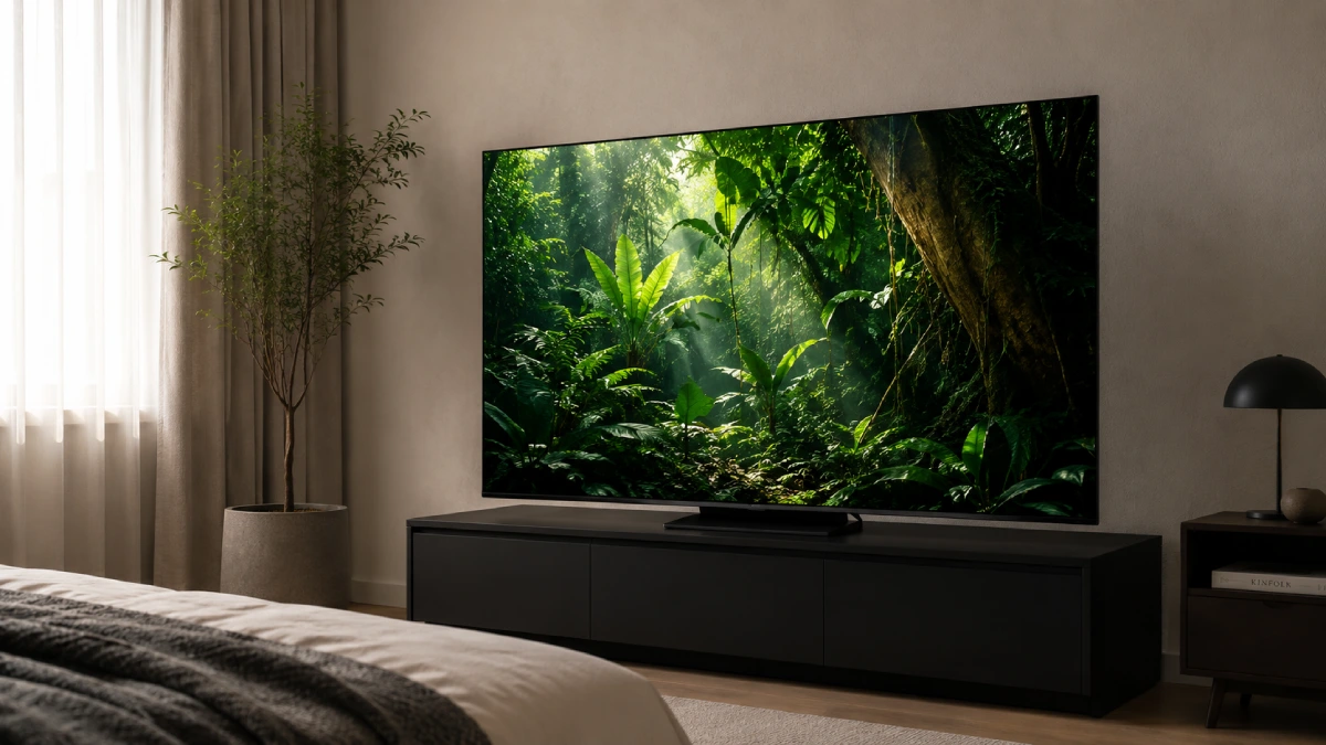 Televizor LG OLED B5 55 inch pe mobilier TV negru într-un dormitor modern, cu scenă de pădure tropicală pe ecran — recomandat pentru cel mai bun raport calitate-preț în OLED