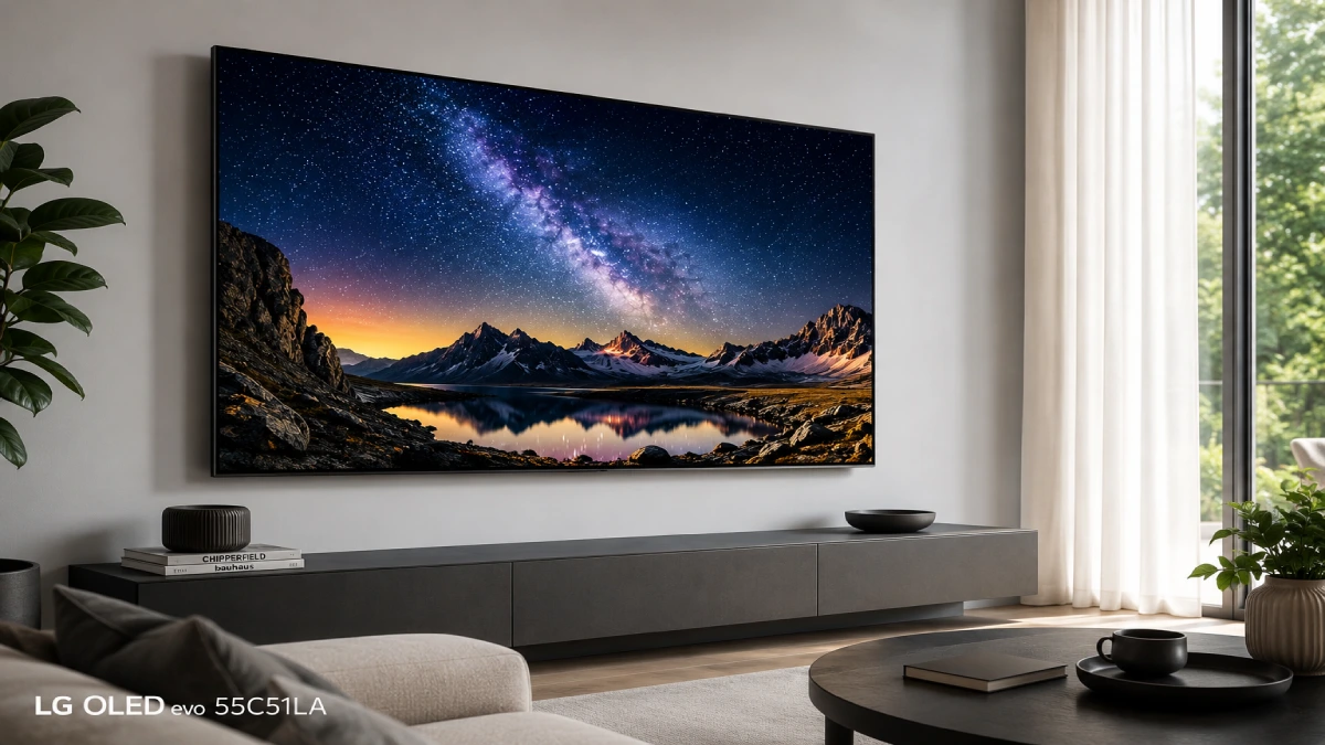 Televizor LG OLED evo 55C51LA montat pe perete într-un living modern, cu peisaj nocturn și Calea Lactee pe ecran