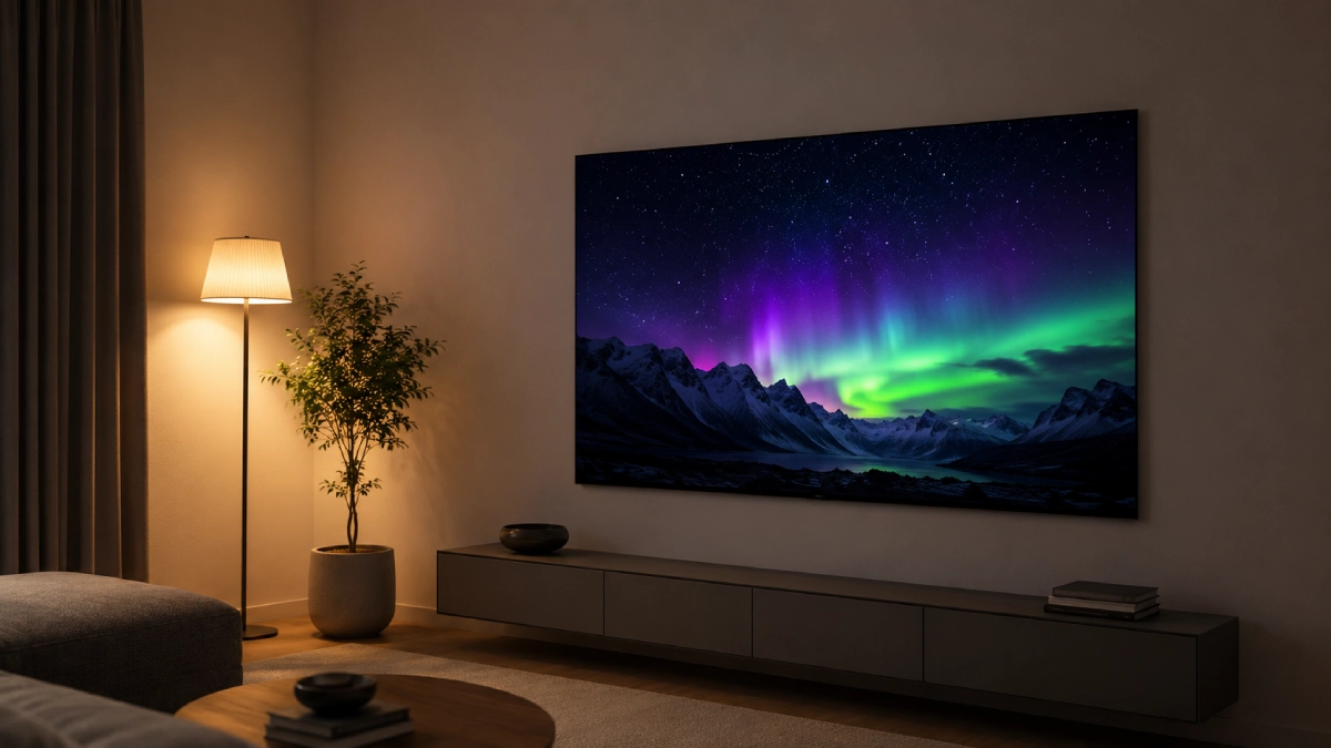 Televizor LG OLED evo C5 55 inch montat pe perete într-un living modern, cu aurora boreală pe ecran — recomandat pentru cinema și gaming