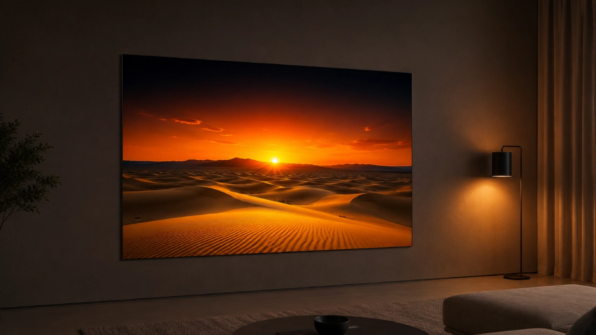Televizor LG OLED G5 55 inch montat flush pe perete într-un living premium, cu scenă de deșert la apus pe ecran — recomandat pentru calitate HDR de referință