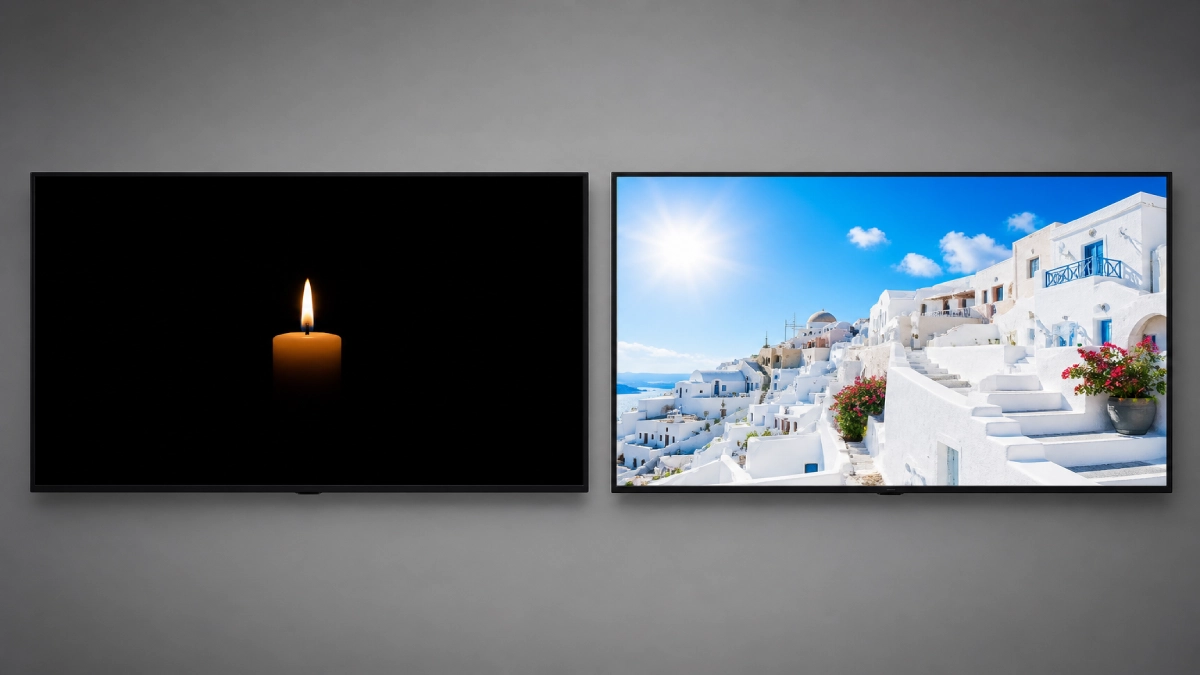 Comparație între două televizoare: stânga cu negru absolut și lumânare izolată (OLED), dreapta cu scenă urbană extrem de luminoasă (Neo QLED).