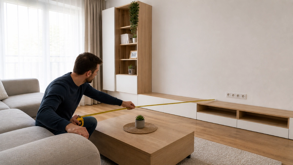 Bărbat care măsoară distanța dintre canapea și peretele gol dintr-un living modern, pentru a alege diagonala potrivită a televizorului