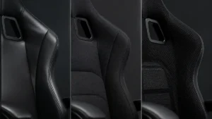 Comparație materiale scaun gaming: piele ecologică, textil și mesh văzute în detaliu pe spătarul scaunului