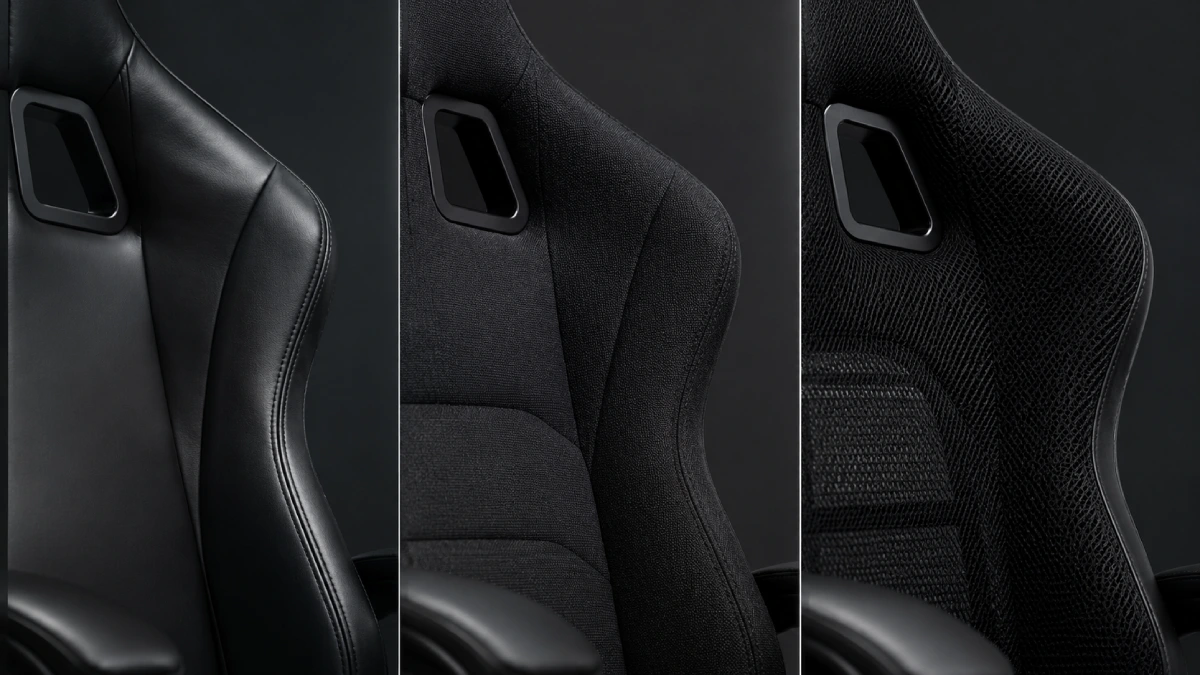 Comparație materiale scaun gaming: piele ecologică, textil și mesh văzute în detaliu pe spătarul scaunului