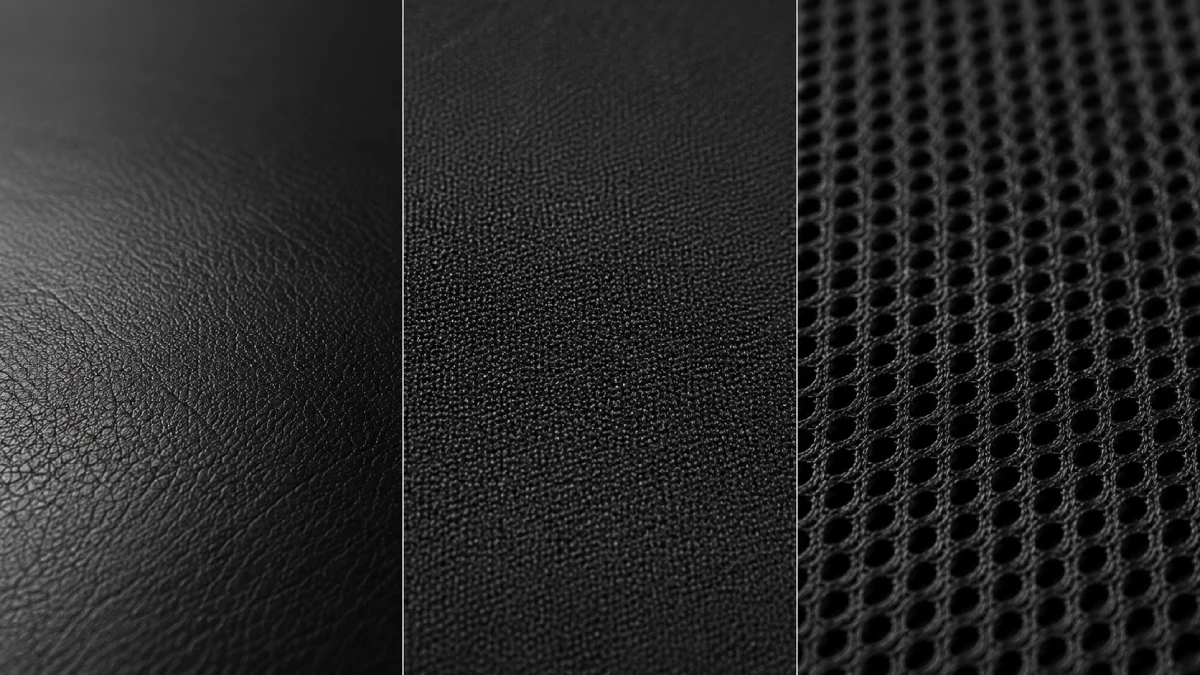 Comparație macro materiale scaun gaming: piele sintetică, textil și mesh — diferență de textură și respirabilitate