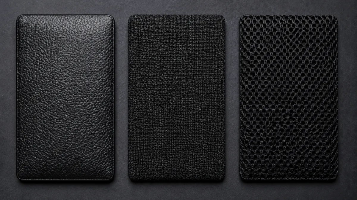 Trei materiale scaun gaming alăturate — piele ecologică, textil și mesh — diferențe de textură vizibile