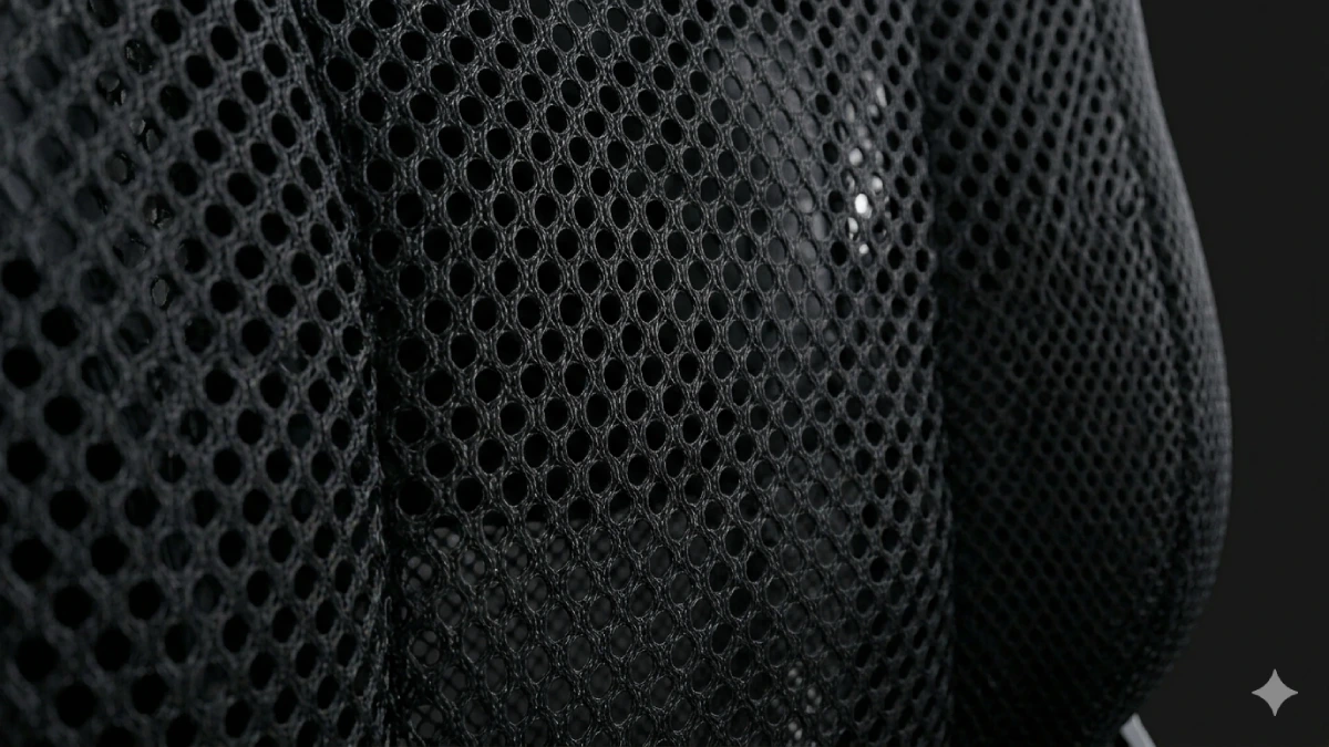 Detaliu spătar mesh scaun gaming — structură plasă deschisă cu ventilație activă