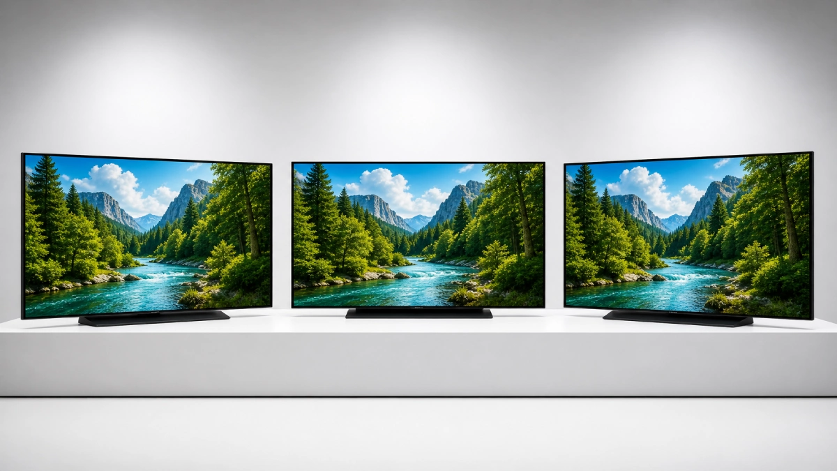 Trei televizoare OLED premium afișate unul lângă altul cu ecrane vibrante și bezel-uri ultra-subțiri