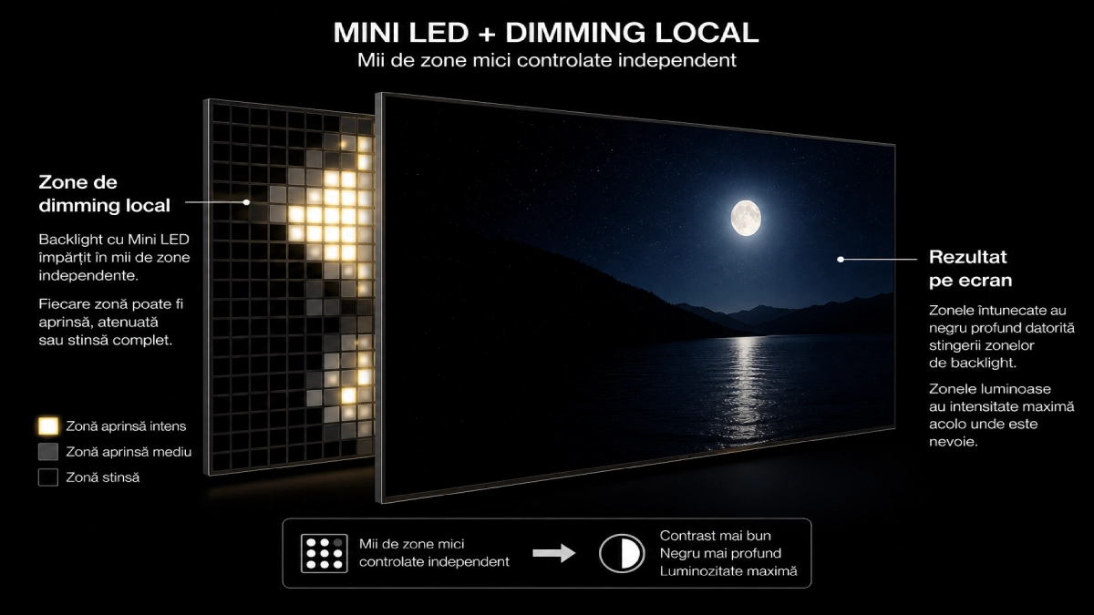 Diagramă tehnică Neo QLED prezentând backlight-ul Mini LED împărțit în zone de dimming local independent și rezultatul pe ecran