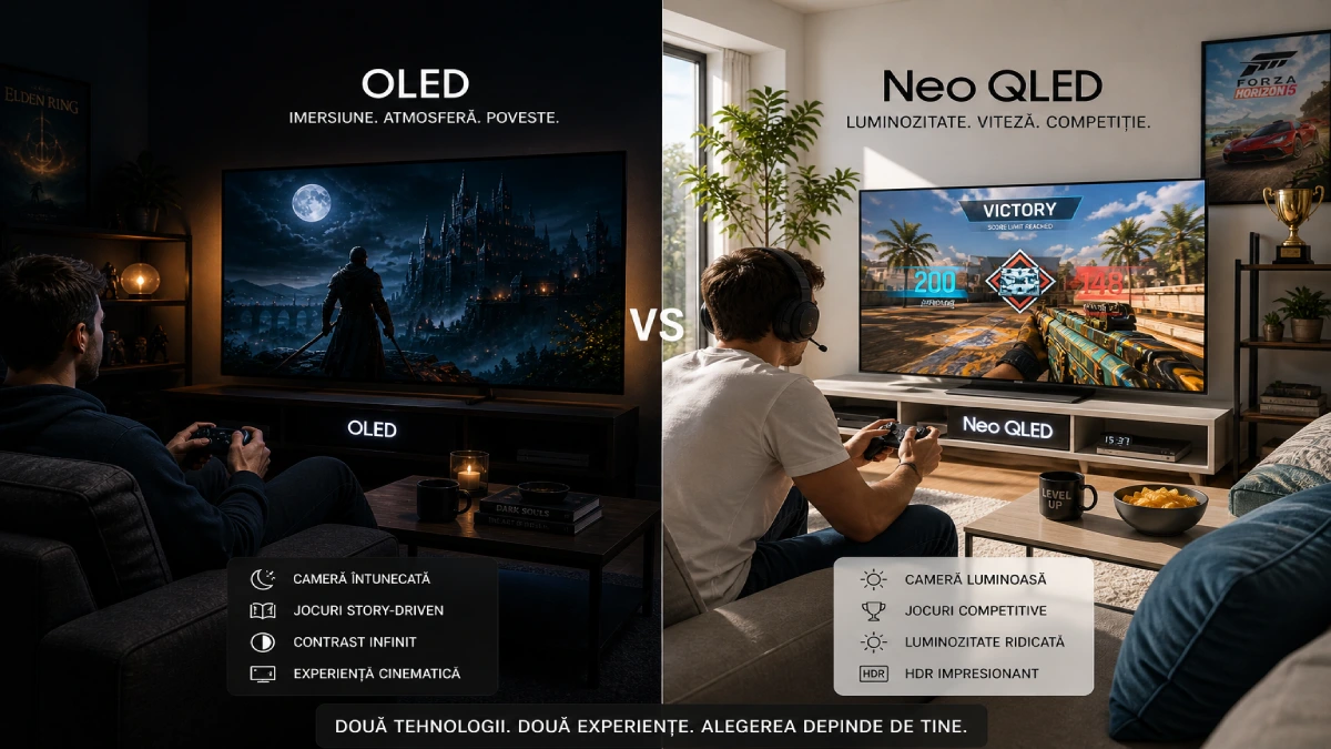 Comparație setup gaming OLED vs Neo QLED — cameră întunecată vs cameră luminoasă