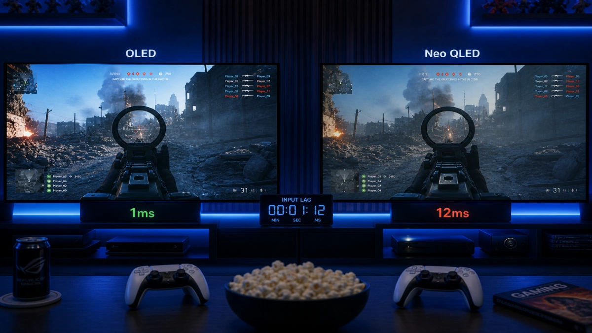 Comparație input lag OLED vs Neo QLED pentru gaming — 1ms vs 12ms