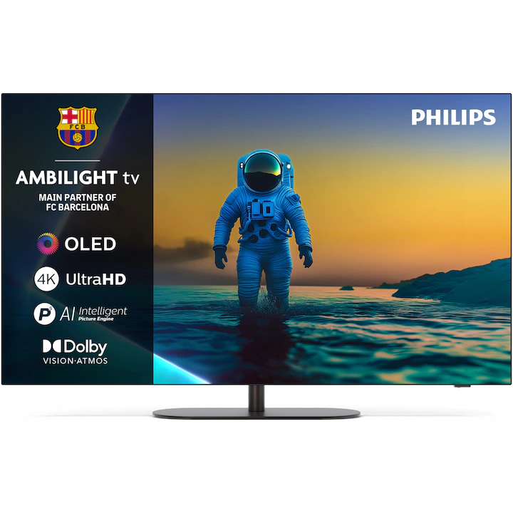 Televizor Philips OLED820 55 inch cu Ambilight pe 3 laturi, model 2025, recomandat pentru vizionare imersivă în camere cu lumină controlată
