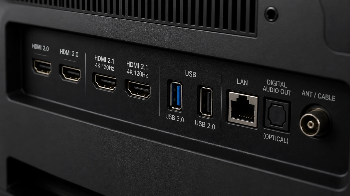 Panoul din spatele unui televizor modern cu porturi HDMI 2.0, HDMI 2.1 4K 120Hz, USB, LAN și ieșire audio optică vizibile și etichetate