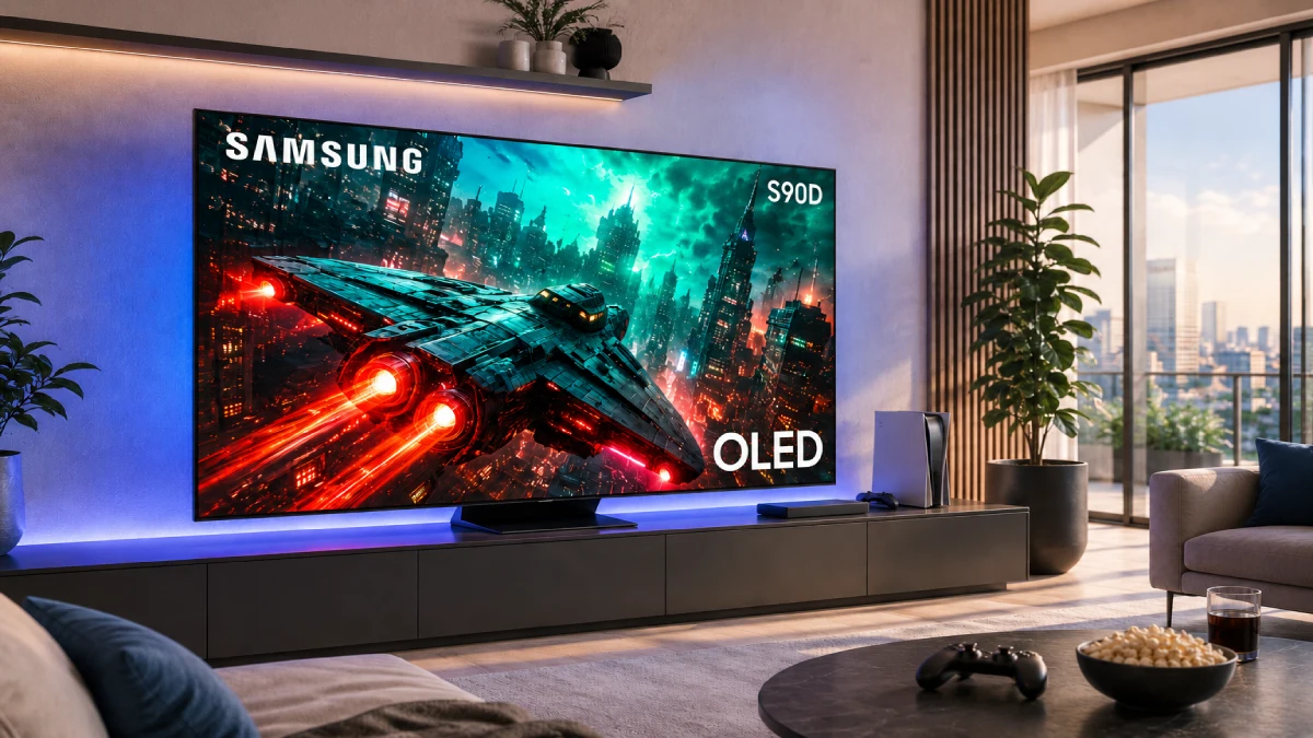 Televizor Samsung OLED 55S90D într-un living modern cu setup gaming, iluminare ambientală albastră și scenă science fiction pe ecran