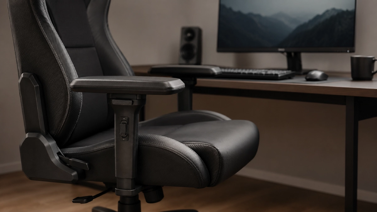 Scaun gaming văzut din lateral într-un setup real de birou — cotieră reglabilă vizibilă în prim-plan