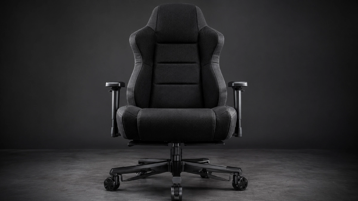 Scaun gaming King Size negru antracit, material textil, bază metalică masivă, pentru persoane corpolente, vedere frontală