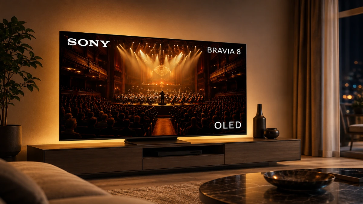 Televizor Sony BRAVIA 8 OLED 55XR80 pe stand într-un living elegant întunecat, cu scenă de concert pe ecran și iluminare ambientală caldă