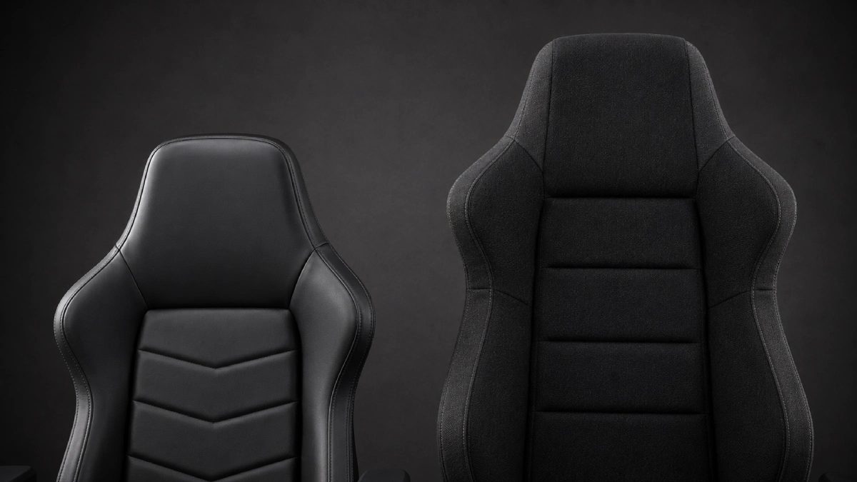 Comparație spătar standard piele eco vs spătar înalt XL textil scaun gaming — diferență de înălțime și material