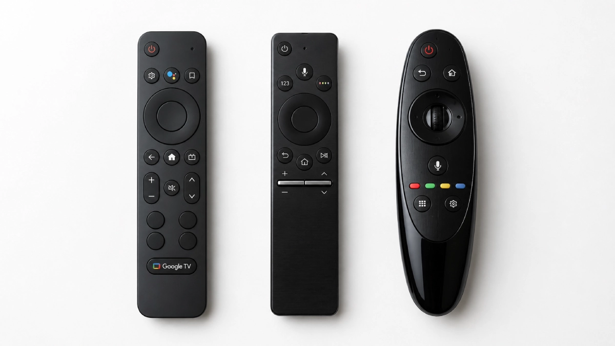 Trei telecomenzi diferite pentru Google TV, Samsung Tizen și LG WebOS, văzute de sus pe fundal alb