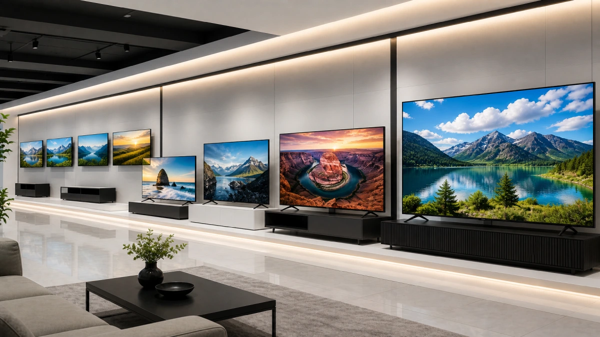 Showroom modern cu televizoare de diferite dimensiuni montate pe perete, de la modele mici entry-level la televizoare mari premium.