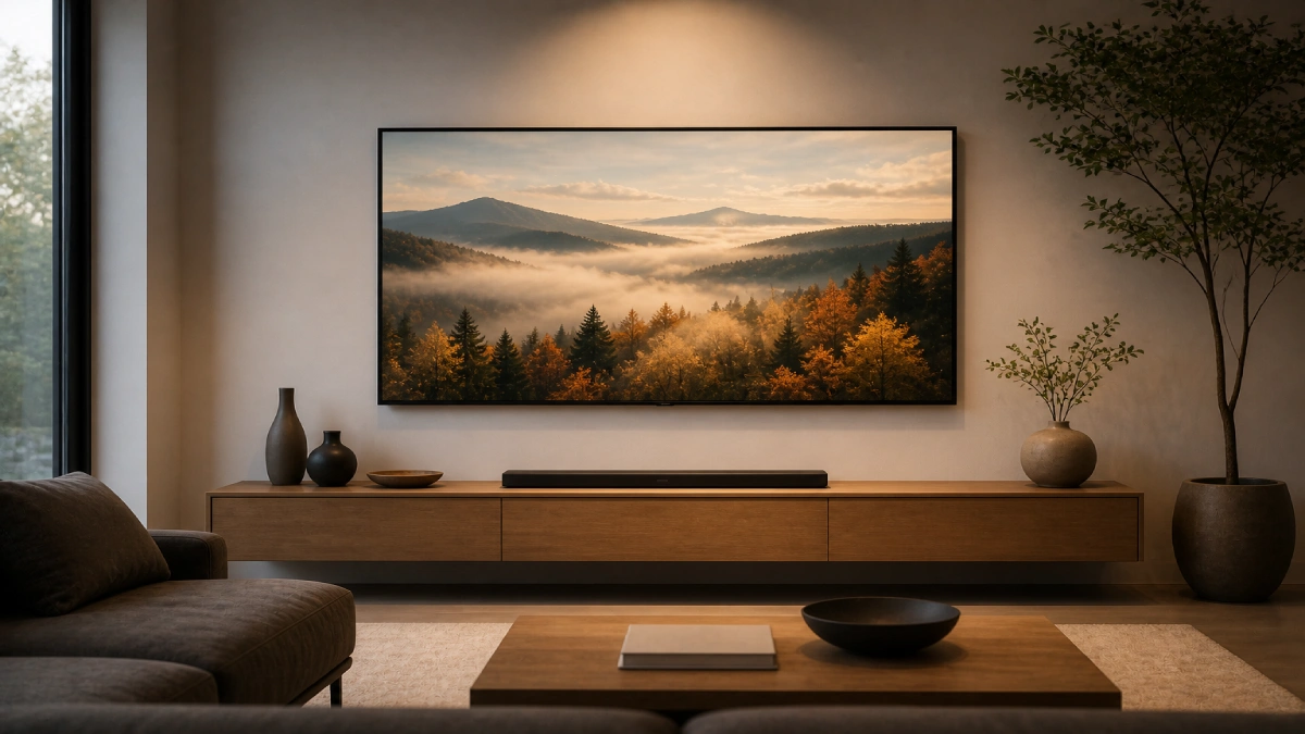 Televizor subțire montat pe perete într-un living elegant cu consolă din lemn și soundbar dedesubt, afișând un peisaj de toamnă.