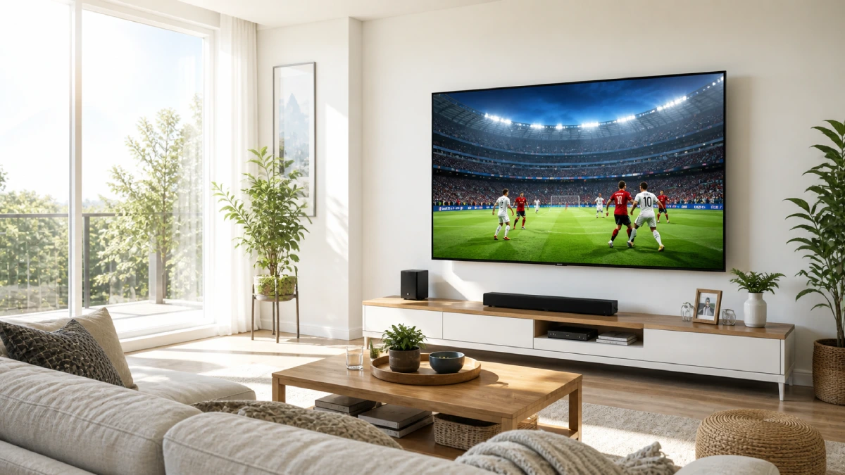 Televizor montat pe perete într-un living luminos ziua, cu meci de fotbal pe ecran și lumină naturală abundentă