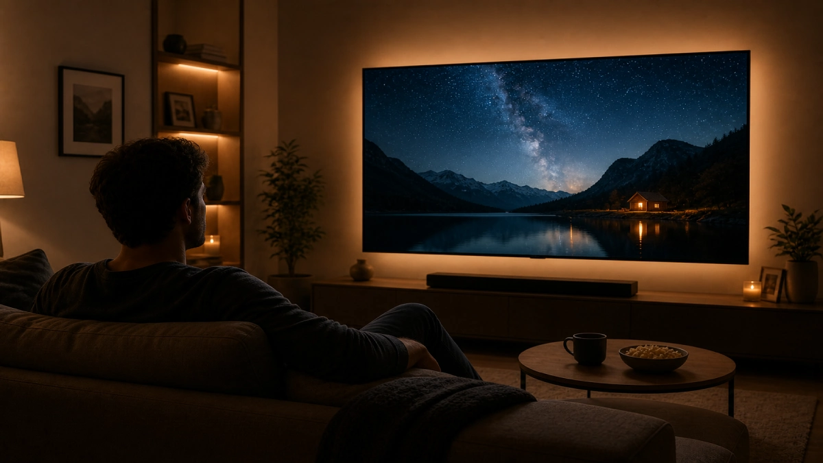 Persoană relaxată pe canapea privind un televizor mare cu cer înstelat pe ecran, living cu iluminare ambientală caldă seara.
