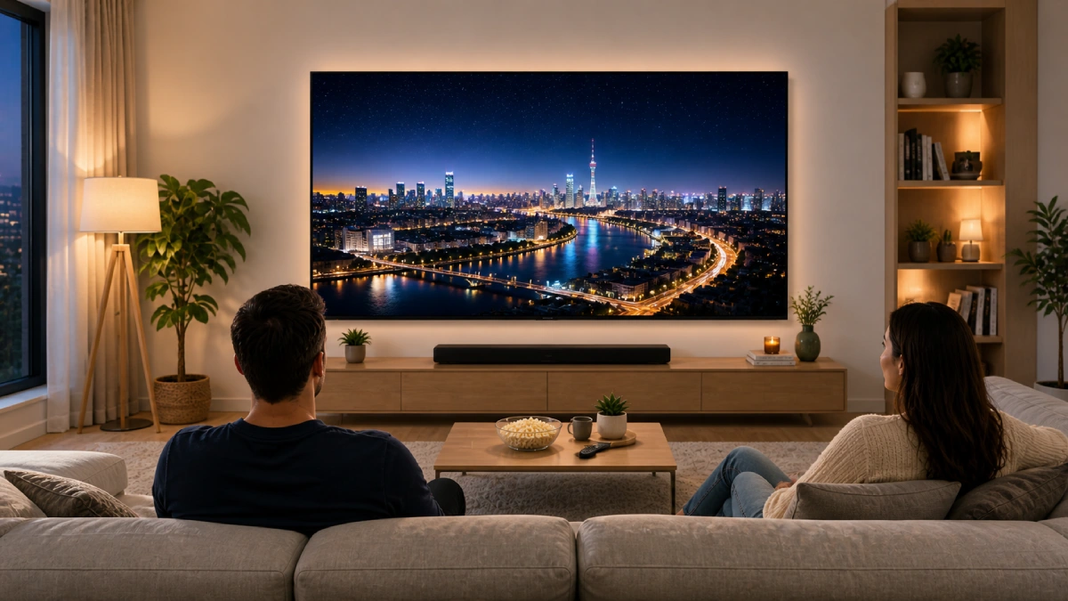 Două persoane care urmăresc un televizor OLED de 65 inch seara într-un living modern, una din față și una lateral, ilustrând unghiul de vizionare perfect al OLED