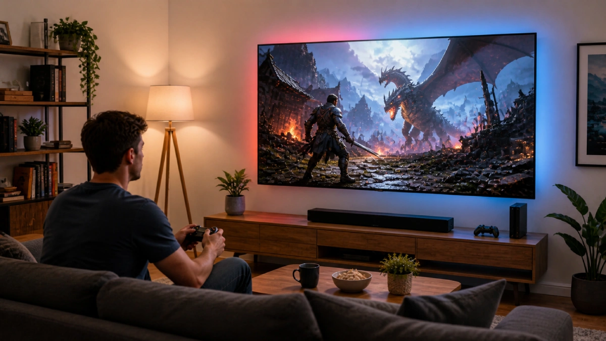 Persoană care joacă pe un televizor OLED mare într-un living cu iluminare RGB ambient, scenă fantasy pe ecran