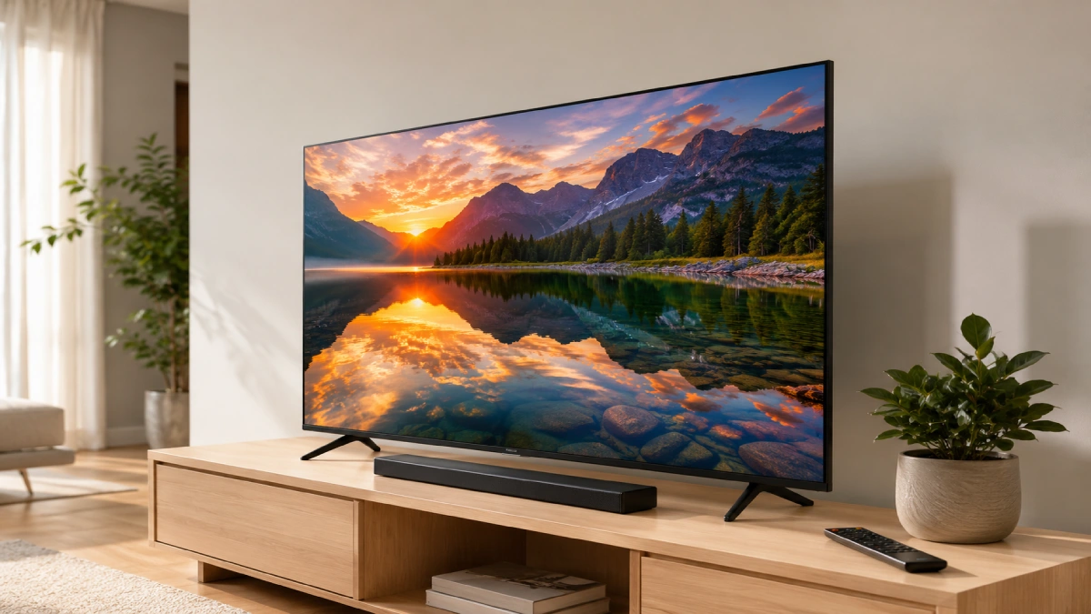 Televizor Samsung QLED Q7F2 de 43 inch pe o comodă de lemn într-un living modern, cu o scenă vibrantă de apus pe ecran
