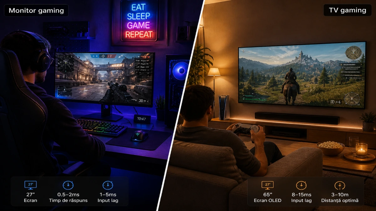 Comparație setup gaming televizor vs monitor — contexte diferite de utilizare