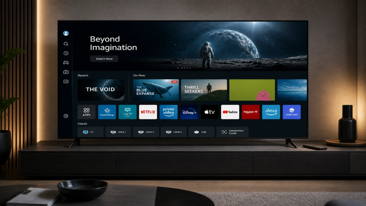 Interfața Tizen OS pe un televizor Samsung cu meniu curat, aplicații și surse HDMI vizibile