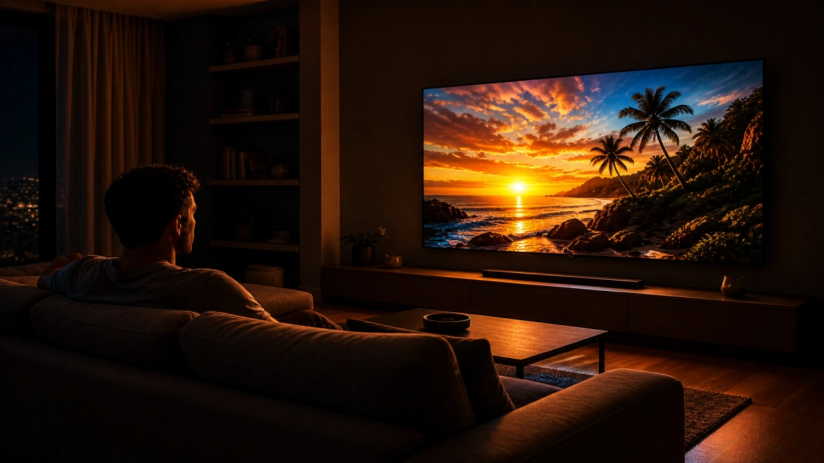 Persoană care urmărește un film pe televizor OLED seara, cu lumina ecranului ca singură sursă de iluminare din cameră