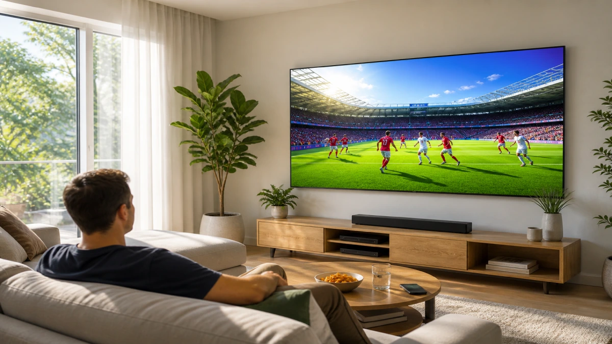 Persoană care urmărește un meci de fotbal pe televizor QLED ziua, cu lumină naturală puternică în cameră și culori saturate pe ecran