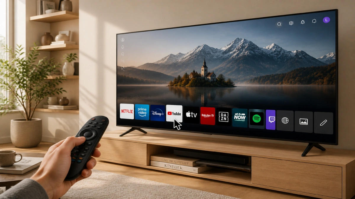 Interfața webOS pe televizor LG cu cursorul Magic Remote vizibil pe ecranul principal