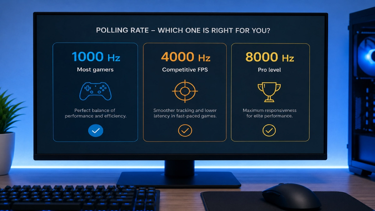 Ghid vizual alegere polling rate mouse gaming — 1000 Hz pentru majoritatea jucătorilor, 4000 Hz pentru FPS competitiv, 8000 Hz pentru nivel pro