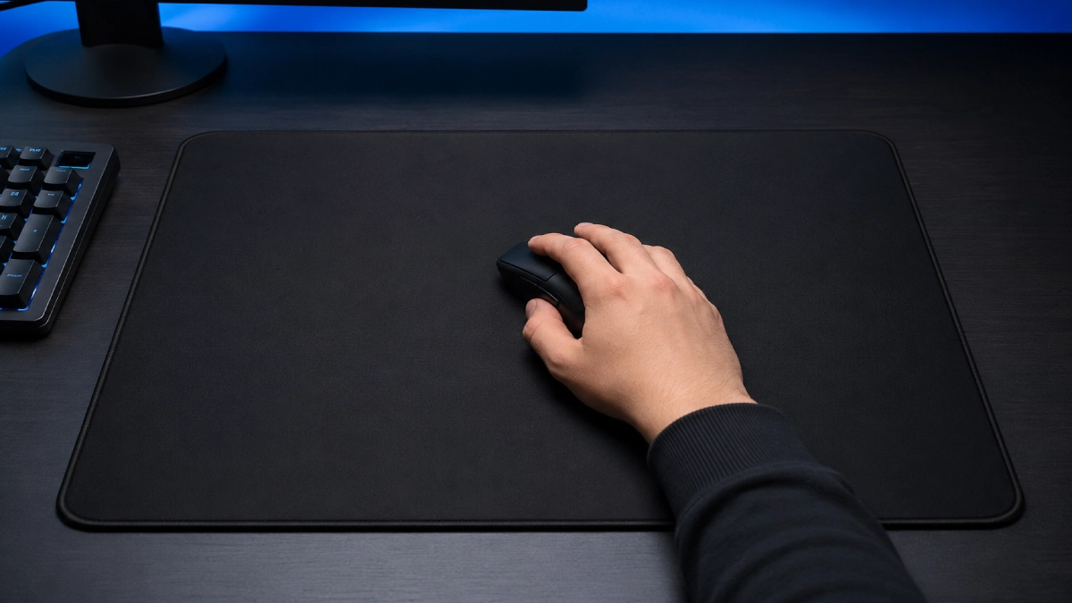 Mână pe mouse de gaming pe mousepad mare negru — proces de calibrare și găsire a DPI-ului optim