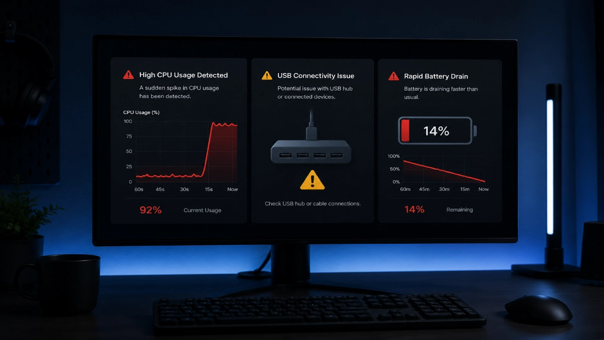 Monitor gaming afișând trei avertismente pentru polling rate înalt — spike CPU la 92%, problemă USB connectivity și baterie la 14%