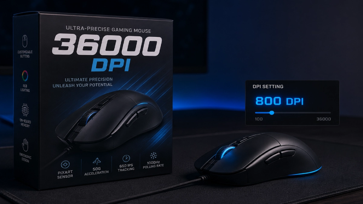 Cutie mouse gaming cu specificație 36000 DPI de marketing, alături de mouse-ul real setat la 800 DPI în utilizare efectivă