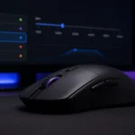 Mouse de gaming negru pe mousepad textil, cu interfața de setări DPI vizibilă pe monitorul din fundal