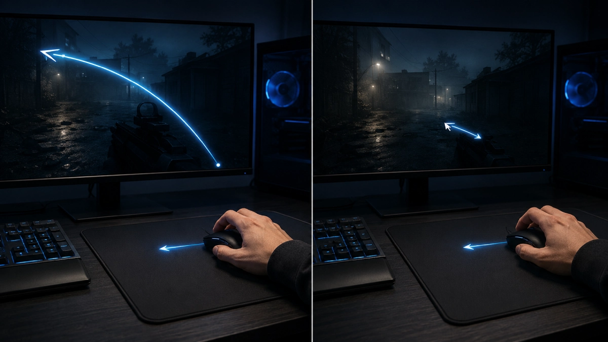 Comparație vizuală între DPI mare și DPI mic la mouse de gaming — aceeași mișcare pe mousepad, deplasare diferită a cursorului pe ecran
