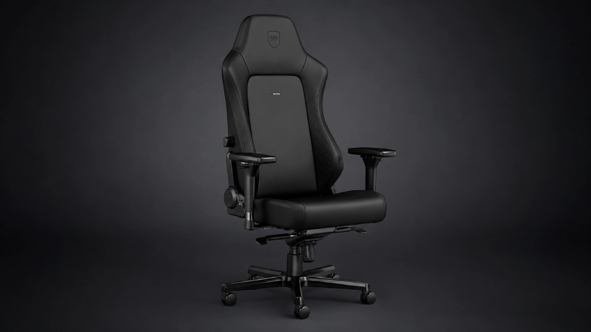 Noblechairs HERO Black Edition — scaun gaming premium negru cu cotiere 4D și bază aluminiu, vedere laterală