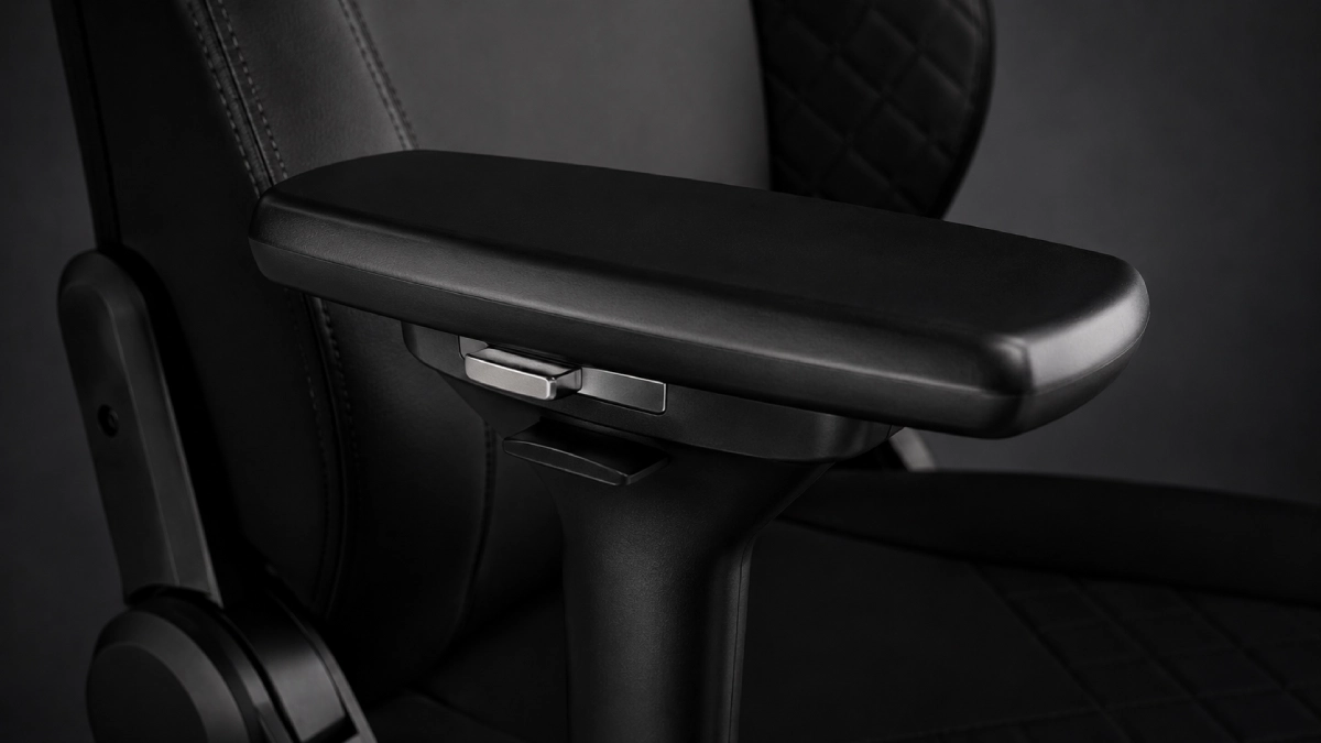 Detaliu cotieră 4D scaun gaming Noblechairs HERO — mecanism de reglaj lateral cu accente metalice și platformă tapițată
