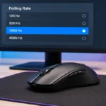 Mouse de gaming wireless pe mousepad negru cu selector polling rate pe monitor — 1000 Hz selectat ca valoare standard