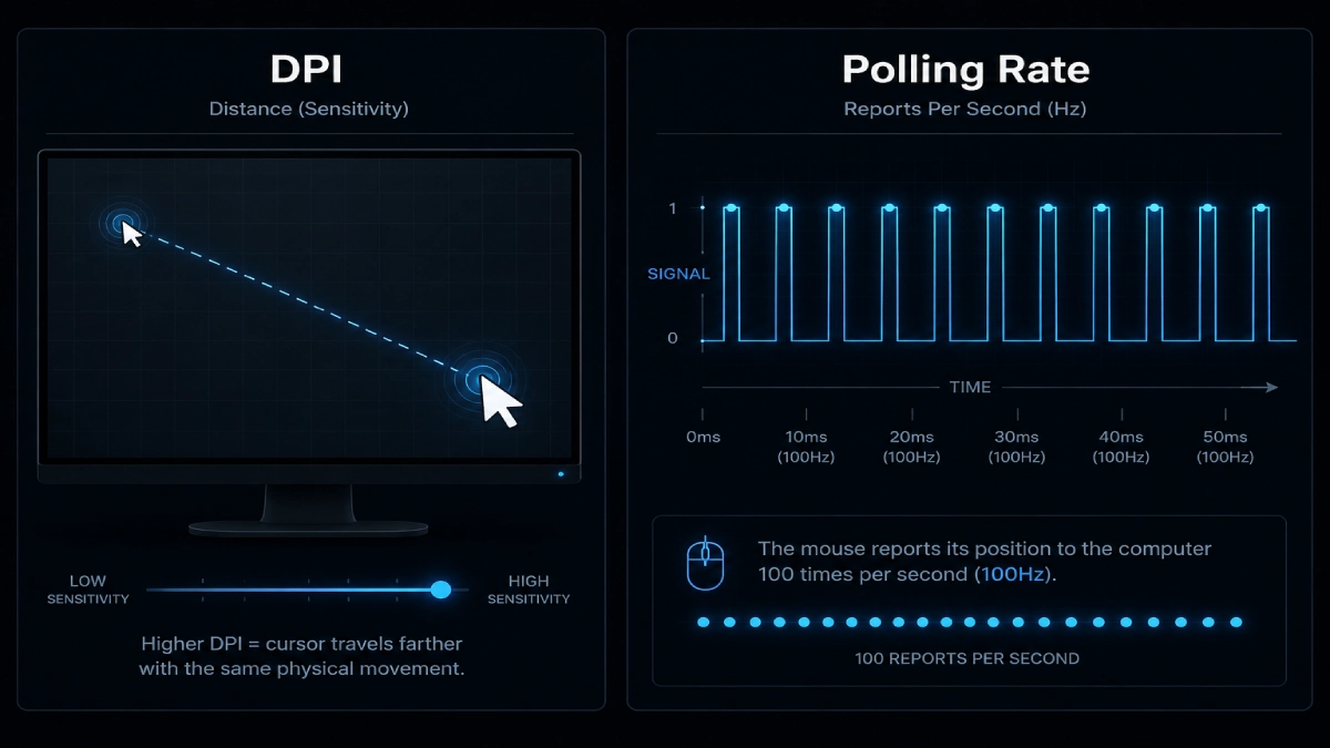 Infografic comparativ DPI versus polling rate la mouse de gaming — sensibilitate hardware față de frecvența rapoartelor pe secundă