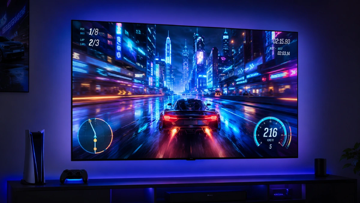 TCL 65C805 65 inch Mini LED — televizor de gaming cu PS5 și LED strip în gaming room