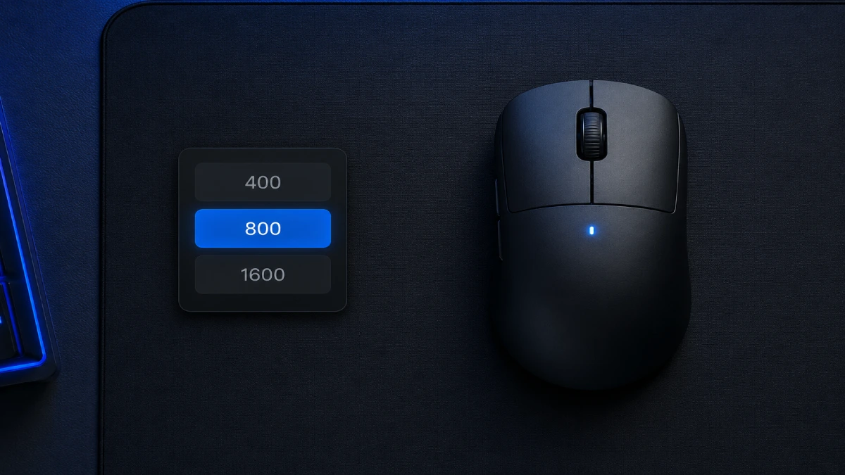 Vedere de sus asupra unui mouse de gaming pe mousepad negru, cu selector DPI afișând 400, 800 și 1600 — 800 selectat ca valoare optimă